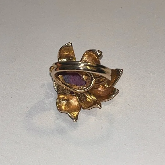 ANTIQUE 14K YELLOW GOLD MASSIVE RING "FLOWER" with "RED STAR"-RUBY, ART NOUVEAU - Picture 9 of 12